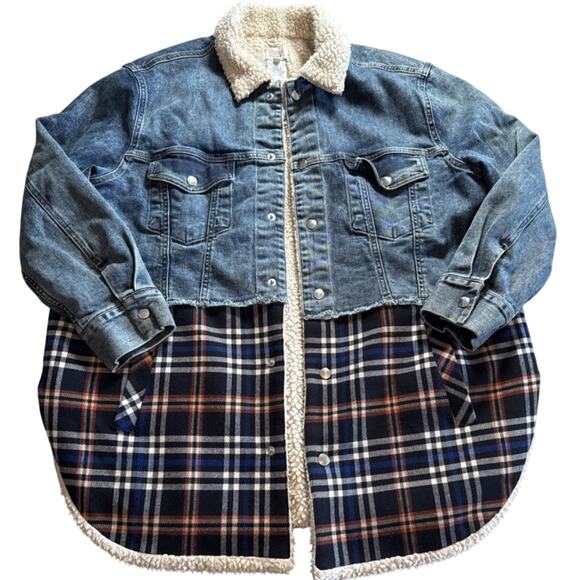 Paul & Joe Sister Peterson Denim Flannel Shirt Faux Sherling Jacket Size 40 - Picture 2 of 8